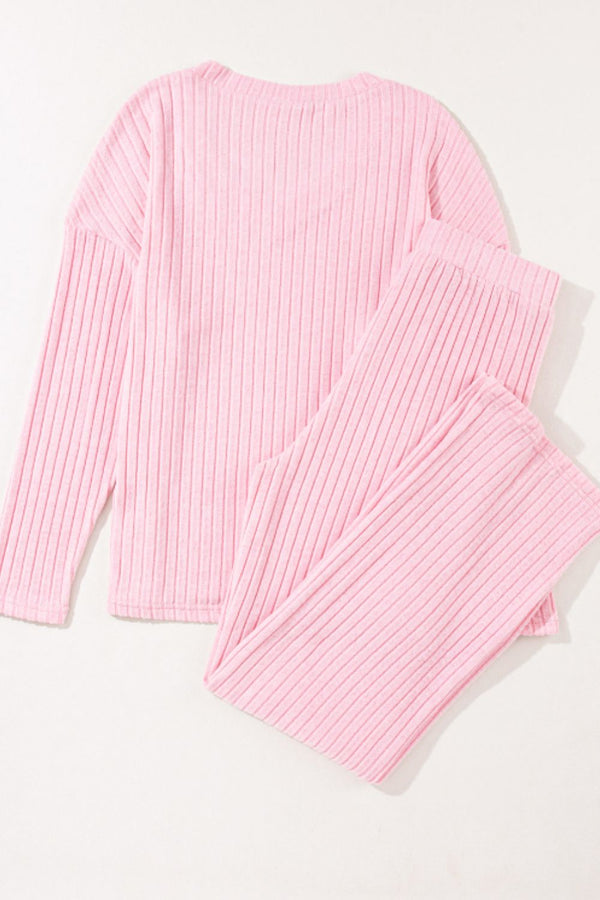 Ribbed V-Neck Top and Pants Lounge Set