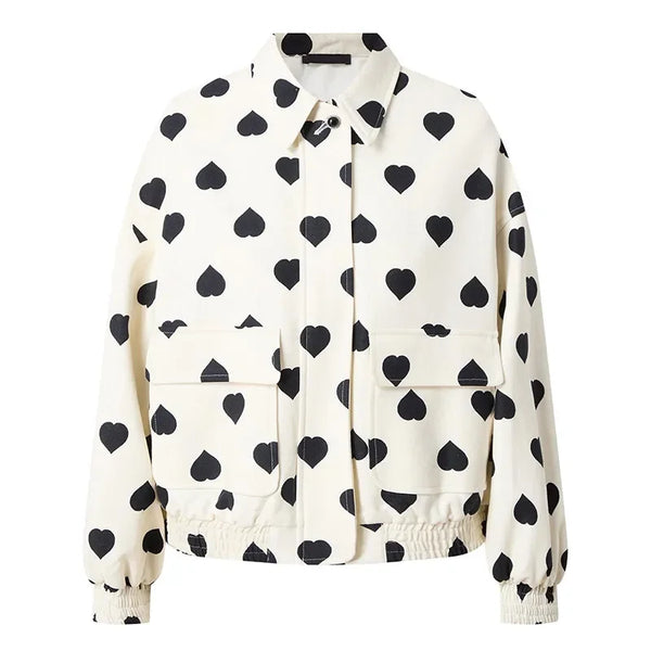 Women Elegant Black Polka Hearts Bomber Jacket Fashion Long Sleeve Flips Pocket Zipper Coat Autumn Female Commuting Streetwear